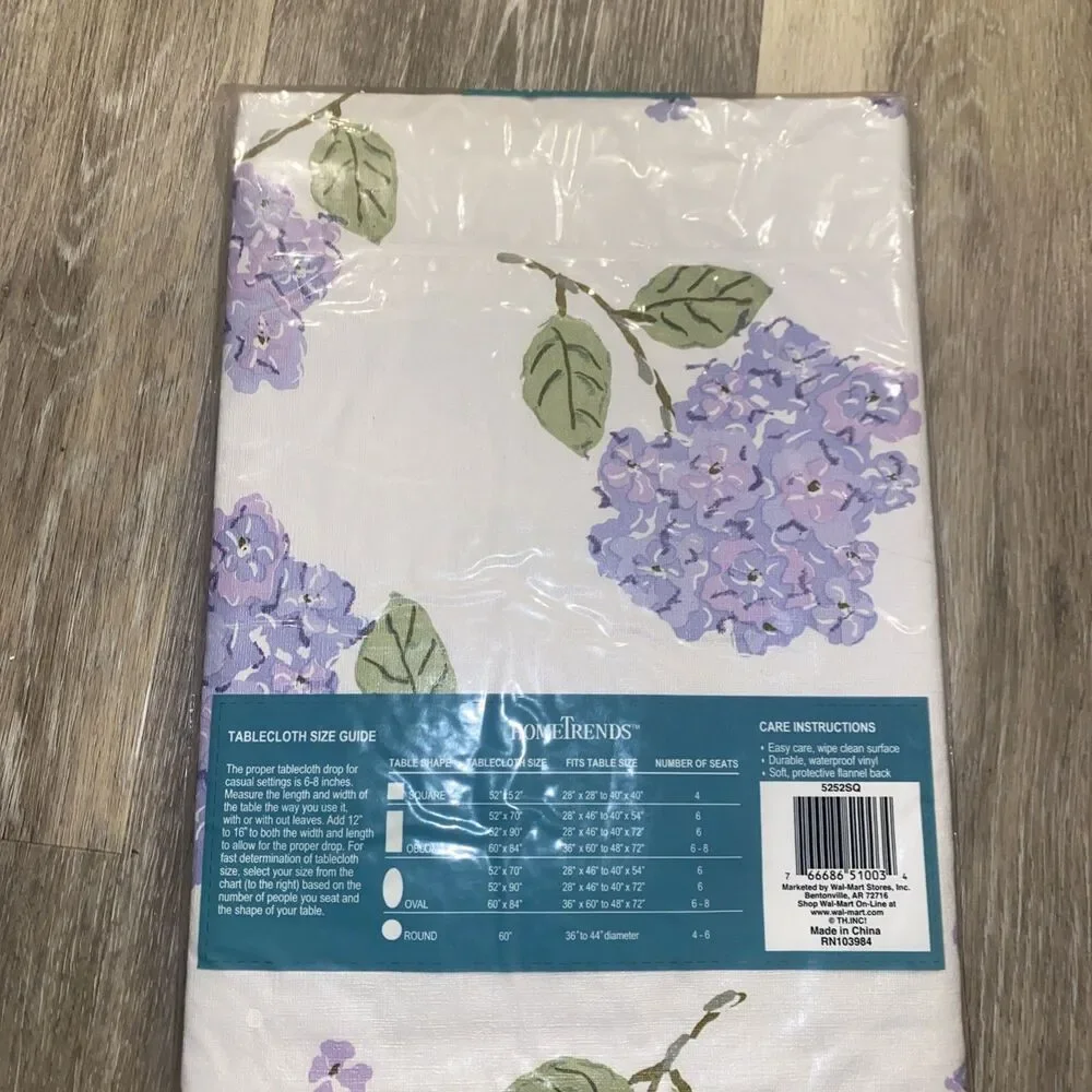 Vinyl Floral Table Covers With Flannel Back Lavender Hydrangeas VTG 52”x52”NEW